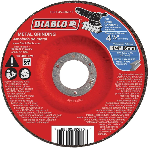 DBD045250701F Diablo Type 27 4-1/2 In. x 1/4 In. x 7/8 In. Metal Grinding Cut-Off Wheel