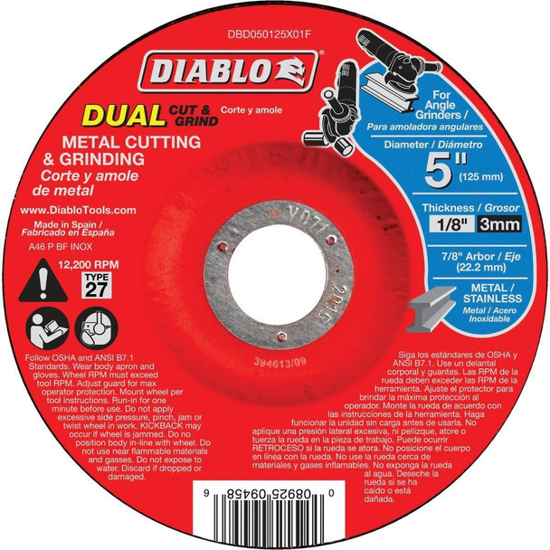 DBD050125X01F Diablo Type 27 5 In. x 1/8 In. x 7/8 In. Metal/Stainless Grinding Cut-Off Wheel