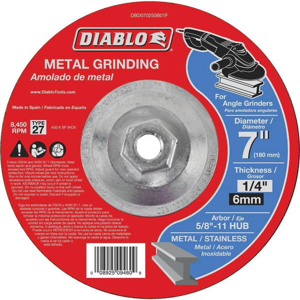 DBD070250B01F Diablo Type 27 7 In. x 1/4 In. x 5/8 In. Metal Grinding Cut-Off Wheel