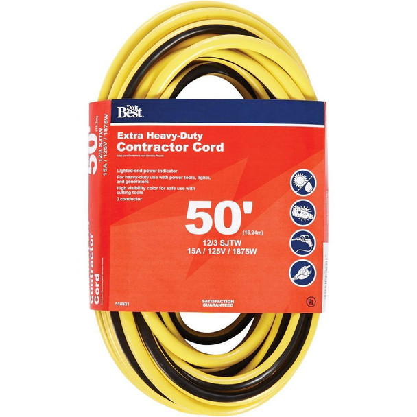 OU-JTW-123-50-YLWS 50 Ft. 12/3 Extra Heavy-Duty Contractor Extension Cord