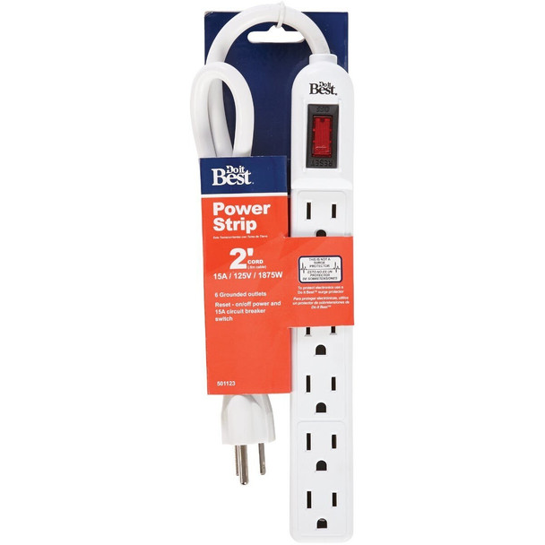 LTS-6 6-Outlet White Power Strip with 2 Ft. Cord