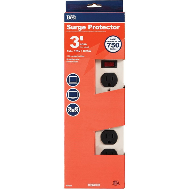 LTS-6ES 6-Outlet 750J Gray Metal Surge Protector Strip with 3 Ft. Cord