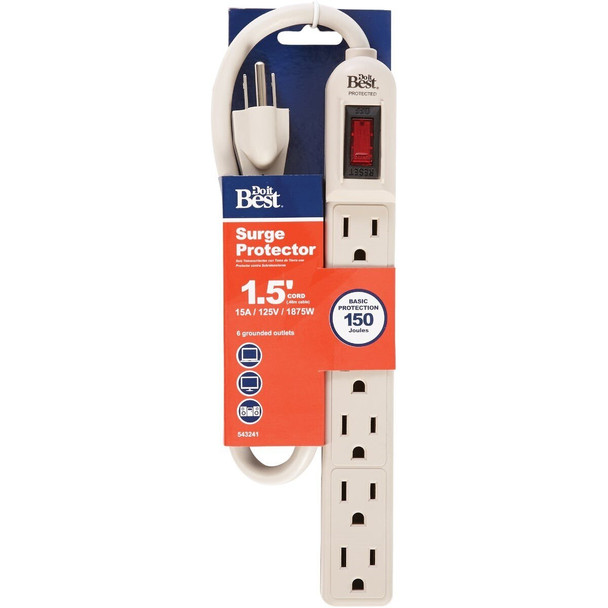 LTS-6S 6-Outlet 150J Gray Grounded Surge Protector Strip with 1-1/2 Ft. Cord