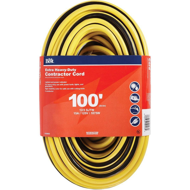 OU-JTW123-100-YLWS 100 Ft. 12/3 Extra Heavy-Duty Contractor Extension Cord