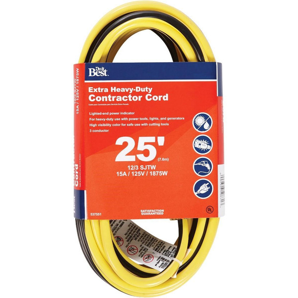 OU-JTW123-25-YLWS 25 Ft. 12/3 Extra Heavy-Duty Contractor Extension Cord