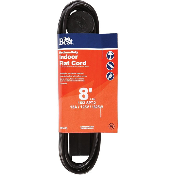 IPF-PT2163-8-BL 8 Ft. 16/3 Flat Plug Black Extension Cord