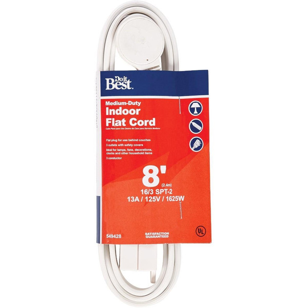 IPF-PT2163-8-WH 8 Ft. 16/3 Flat Plug White Extension Cord