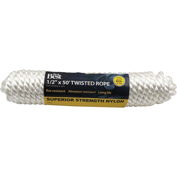 729340 1/2 In. x 50 Ft. White Twisted Nylon Packaged Rope