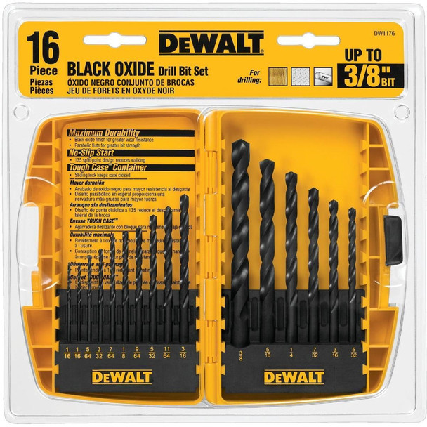 DW1176 DEWALT 16-Piece Black Oxide Drill Bit Set, 1/16 In. thru 3/8 In.