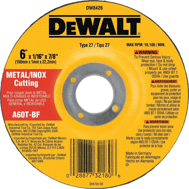 DW8426 DEWALT HP Type 27 6 In.x  0.045 In. x 7/8 In. Metal/Stainless Cut-Off Wheel