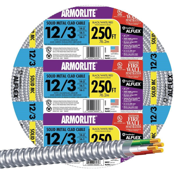 68583455 Southwire 250 Ft. 12/3 MC Armored Cable Electrical Wire