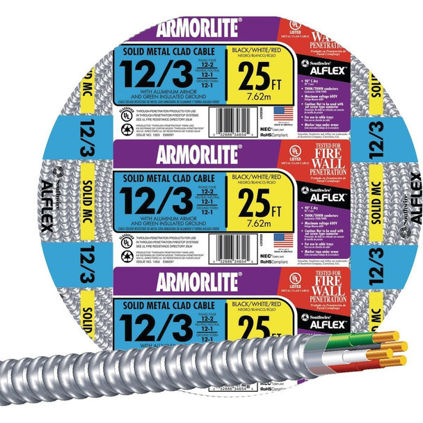 68583421 Southwire 25 Ft. 12/3 MC Armored Cable Electrical Wire