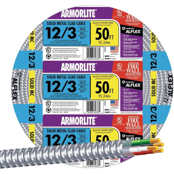 68583422 Southwire 50 Ft. 12/3 MC Armored Cable Electrical Wire