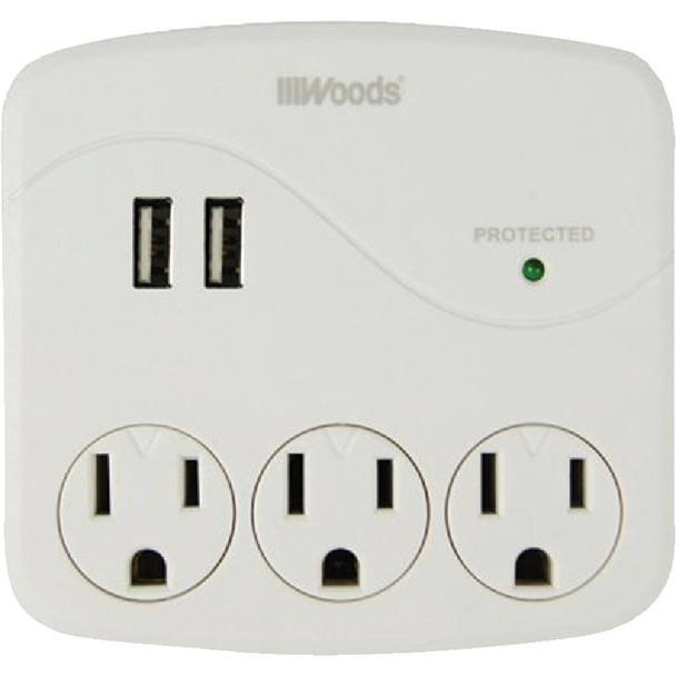 41029 Woods 2-USB/3-Standard Outlets 2.4A/15A White Surge Tap