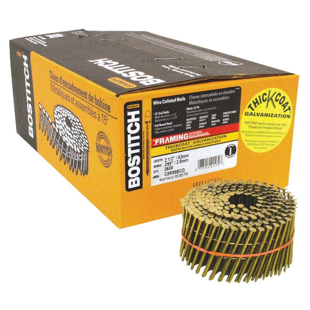 C8R99BCG Bostitch 15 Degree Wire Weld Galvanized Coil Framing Nail, 2-1/2 In. x .099 In. (3600 Ct.)