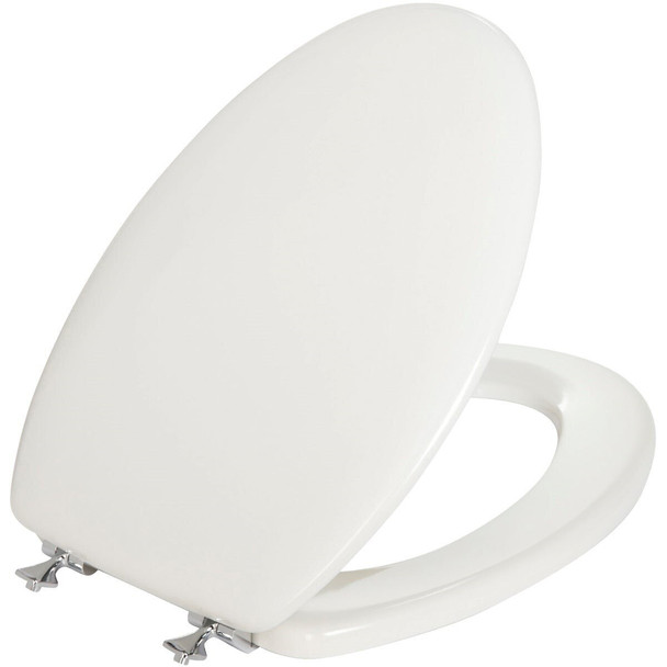144CP-000 Mayfair Elongated Closed Front Premium White Wood Beveled Toilet Seat with Chrome Hinges