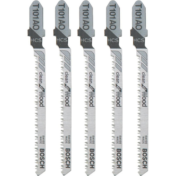T101AO Bosch T-Shank 3-1/4 In. x 20 TPI High Carbon Steel Jig Saw Blade, Clean for Wood (5-Pack)