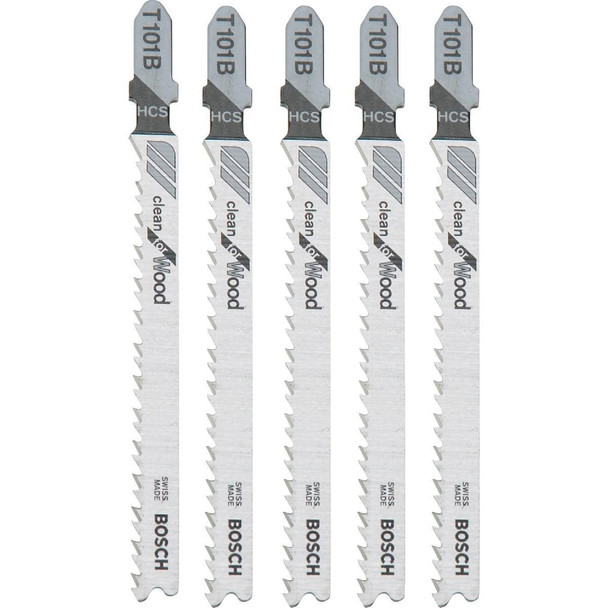T101B Bosch T-Shank 4 In. x 10 TPI High Carbon Steel Jig Saw Blade, Clean for Wood (5-Pack)