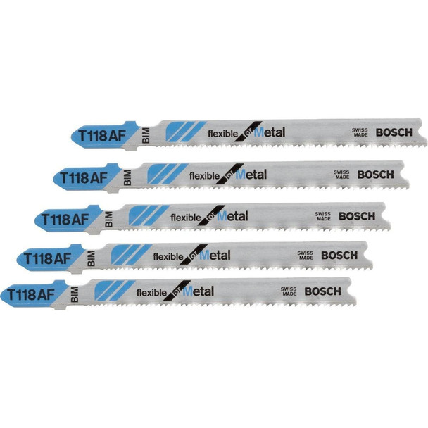 T118AF Bosch T-Shank 3-5/8 In. x 17-24 TPI Bi-Metal Jig Saw Blade, Flexible for Metal (5-Pack)