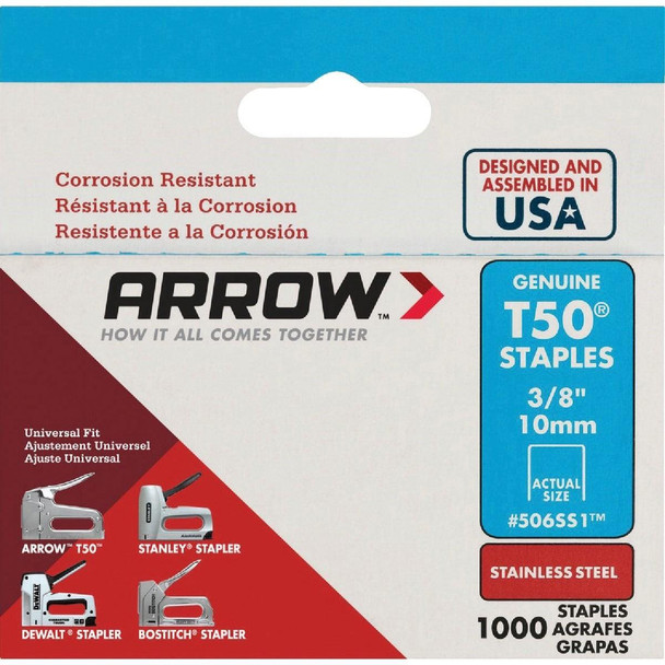 506SS1 Arrow T50 Heavy-Duty Stainless Steel Staple, 3/8 In. (1000-Pack)