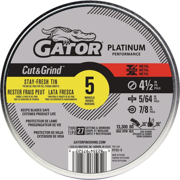 97525 Gator Blade Type 27 4-1/2 In. x 5/64 In. x 7/8 In. Metal/Stainless Cut-Off Wheel (5-Pack)