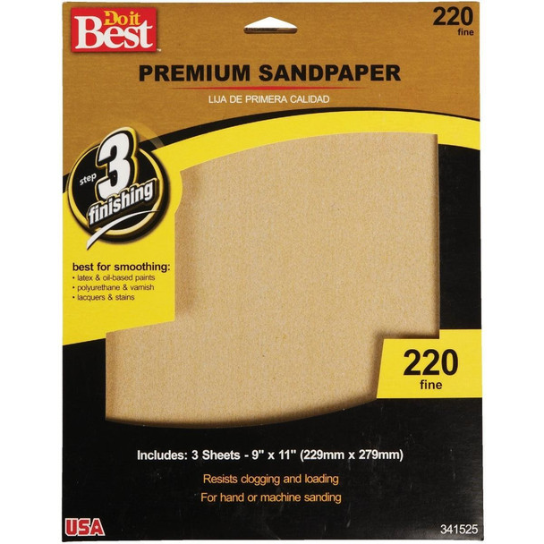 7266004 Premium Plus 9 In. x 11 In. 220 Grit Fine Sandpaper (3-Pack)