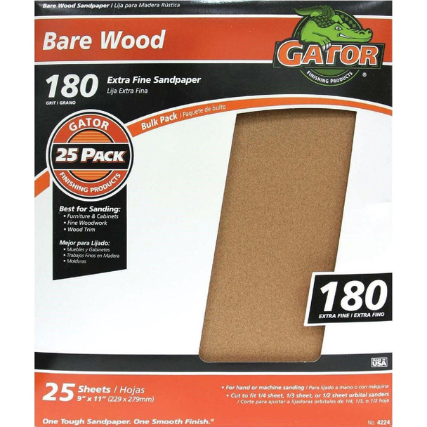 4224 Gator Bare Wood 9 In. x 11 In. 180 Grit Extra Fine Sandpaper (25-Pack)