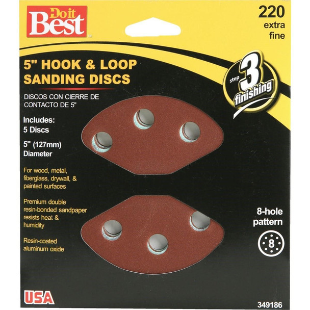 349186GA 5 In. 220-Grit 8-Hole Pattern Vented Sanding Disc with Hook & Loop Backing (5-Pack)
