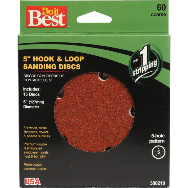 380210GA 5 In. 60-Grit 5-Hole Pattern Vented Sanding Disc with Hook & Loop Backing (15-Pack)