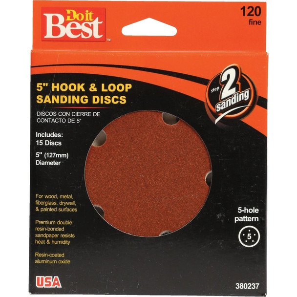 380237GA 5 In. 120-Grit 5-Hole Pattern Vented Sanding Disc with Hook & Loop Backing (15-Pack)