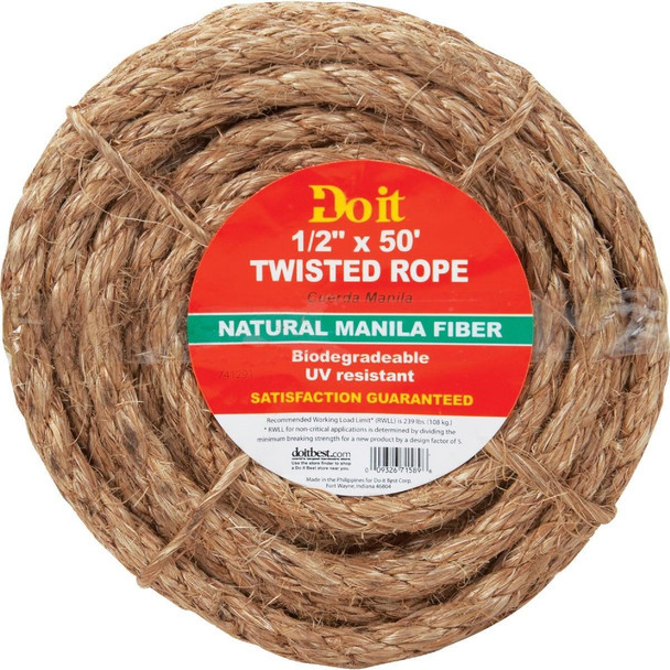 19144III 1/2 In. x 50 Ft. Natural Twisted Manila Fiber Packaged Rope