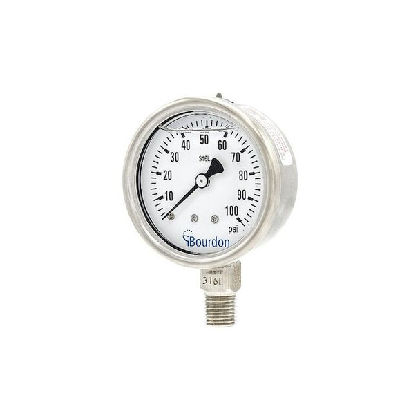 Pressure Gauge, 0 to 100 psi, 2 1/2 in Dial, 1/4 in NPT, Bottom Location