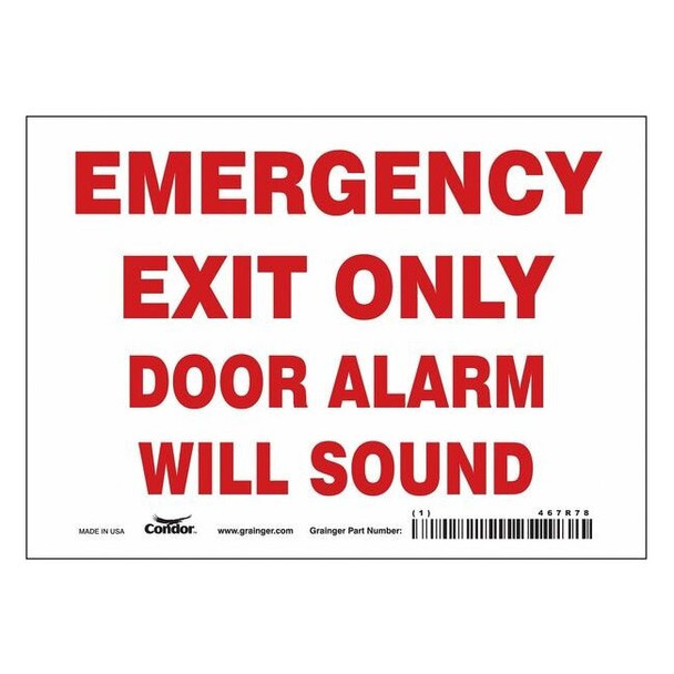 Exit Sign, Vinyl, 7" W, 5" H, Emergency Exit Only Door Alarm Will Sound, White