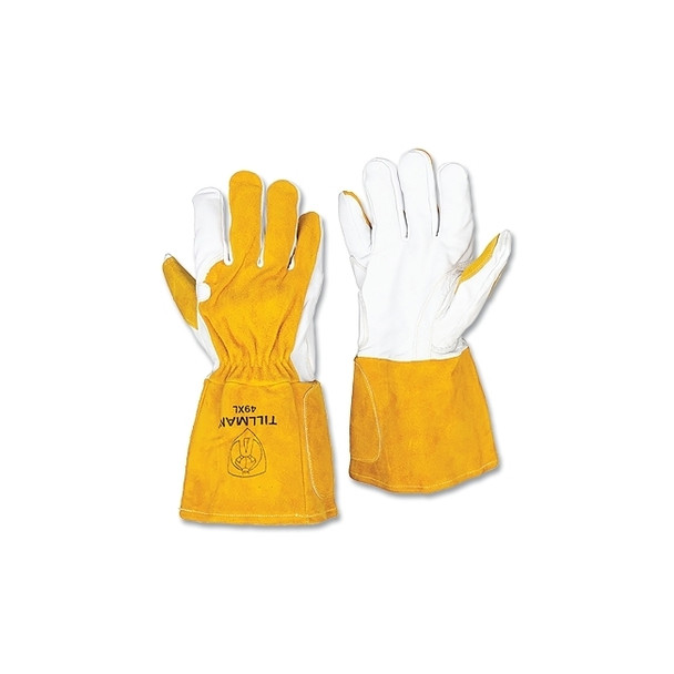 MIG Welding Gloves, 49, Top Gr Goatskin Palm/Split Cowhide BOH/Cuff, XL, Bourbon Brn/Pearl, 5 in L Shirred Cuff