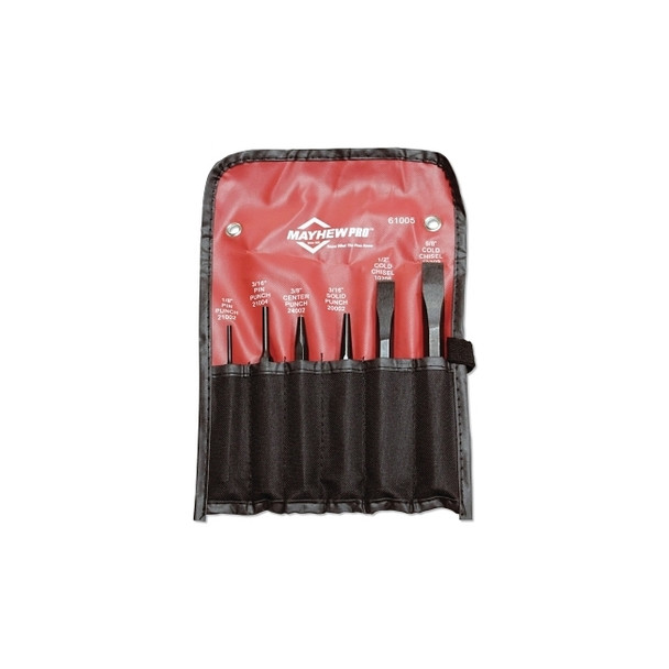 6 Pc Punch & Chisel Kits, Round, Beveled,,Pointed, English, 4 Punches, 2 Chisels