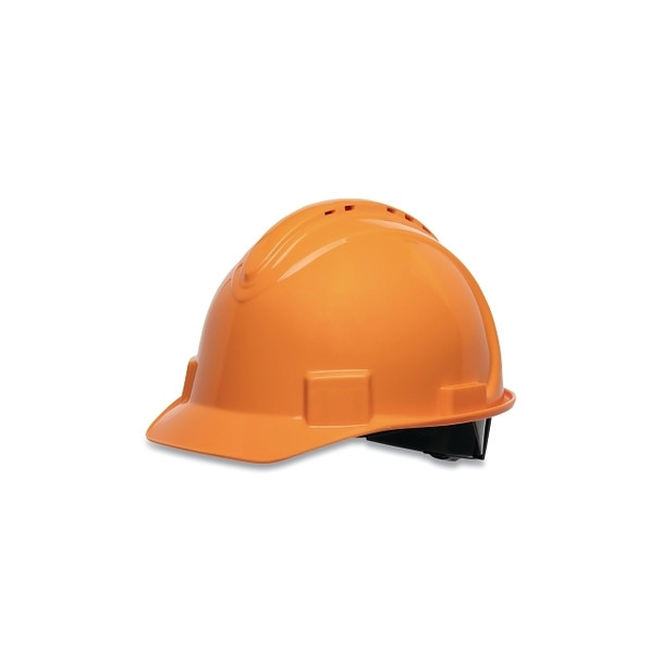 Short Brim Hard Hat, 4-point Ratchet Suspension, Vented, Orange