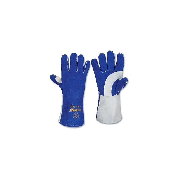 Stick Welding Gloves, 1252, Premium Side Split Cowhide Palm/BOH/Cuff, Med, Cut Resistant, Blue/Pearl, 14 in L Cuff