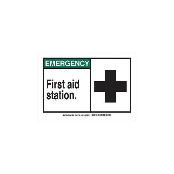EMERGENCY First Aid Station Signs,  10w x 7h, Black/Green