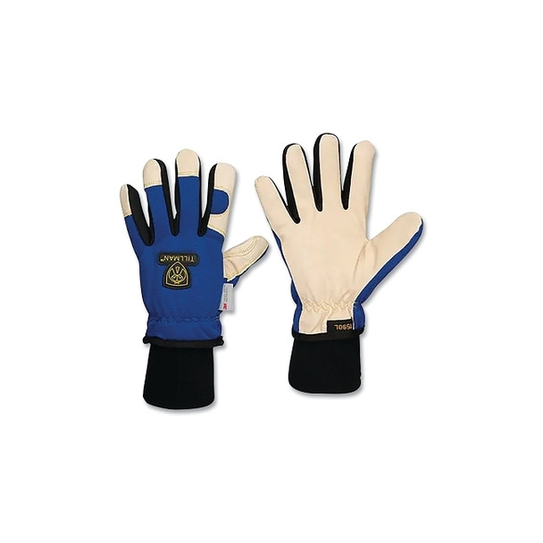 Leather and Spandex Winter Gloves, Pigskin, Large, Blue/Tan