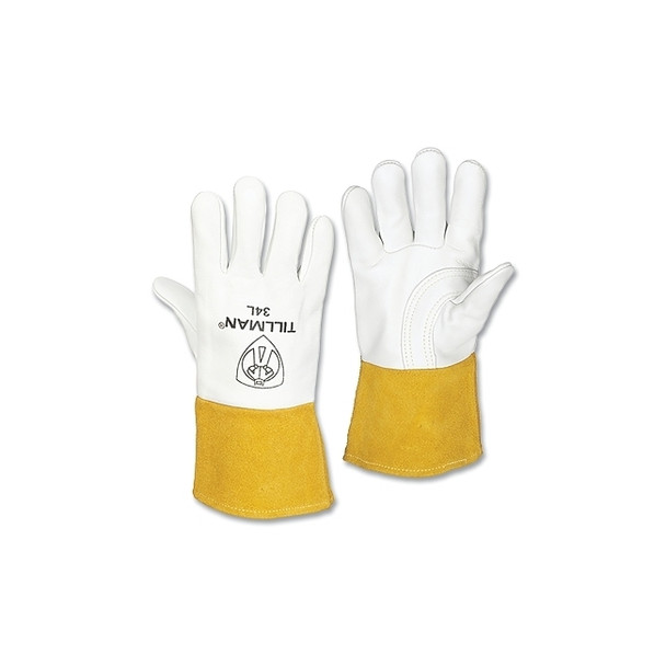 MIG Welding Gloves, 34, Top Gr Cowhide Palm/BOH/Split Cowhide Cuff, Lg, Pearl/Bourbon Brn, 4 in L Straight Cuff