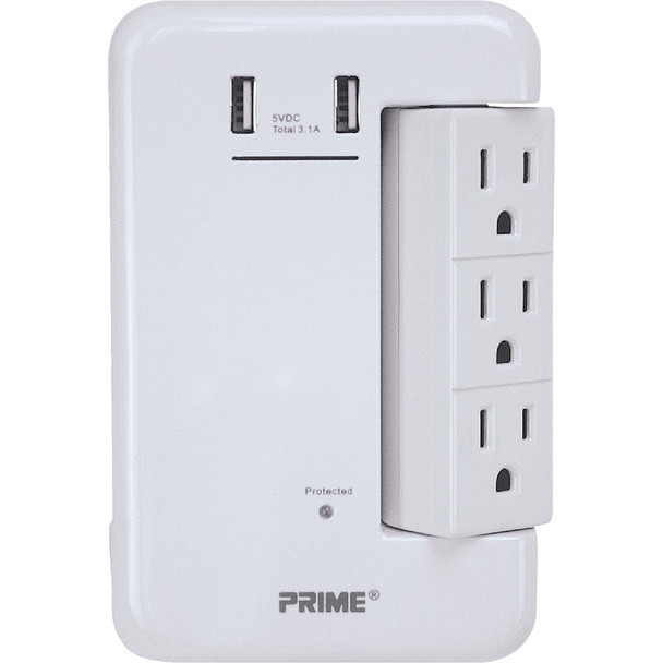 Prime Wire & Cable 6 Power & 2 USB White Rotating Surge Tap USB Charger