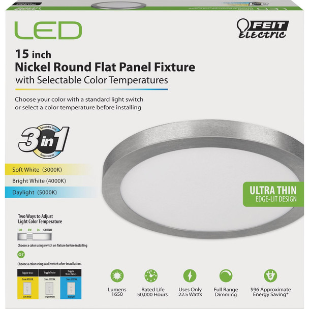 Feit Electric Edge-Lit 15 In. Nickel Round Disc 4-Way LED Flush Mount Light