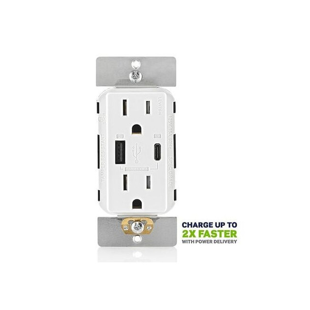Leviton USB Receptacle, 15 A, White T5634-W