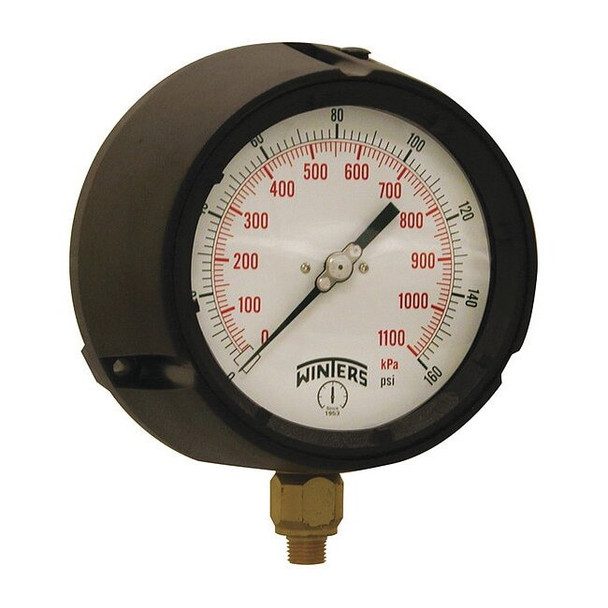 Process Pressure Gauge, 0 to 160 psi, 4 1/2 in Dial, 1/4 in NPT, Bottom Location