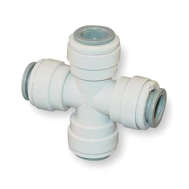 Push-Fit Cross Fitting, 3/8 in Tube Size, Acetal, Gray, 10 PK