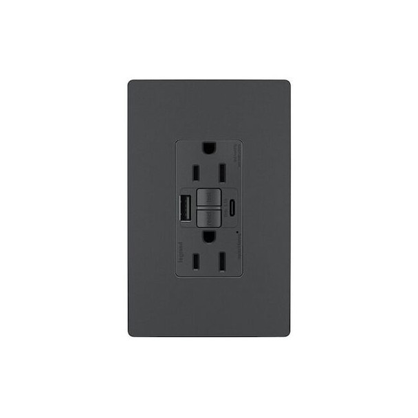Legrand USB Receptacle, 15 A, Graphite, Nylon 1597TRUSBACGC4