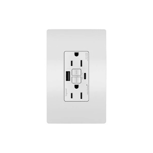 Legrand USB Receptacle, 15 A, White, Nylon 1597TRUSBACW