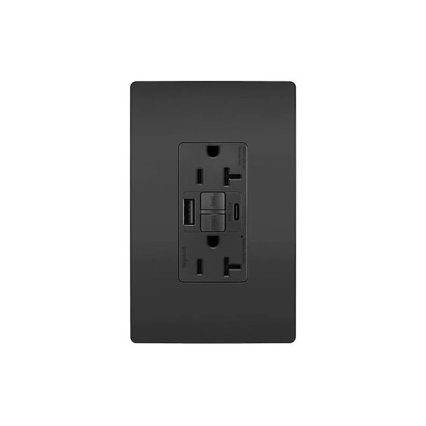 Legrand USB Receptacle, 20 A, Black, Nylon 2097TRUSBACBK