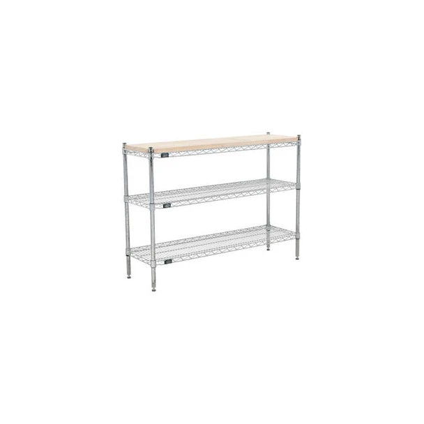 Nexel 3 Shelf Chrome Wire Shelving Unit Hardwood Top Starter 36""W x 18""D x 34"