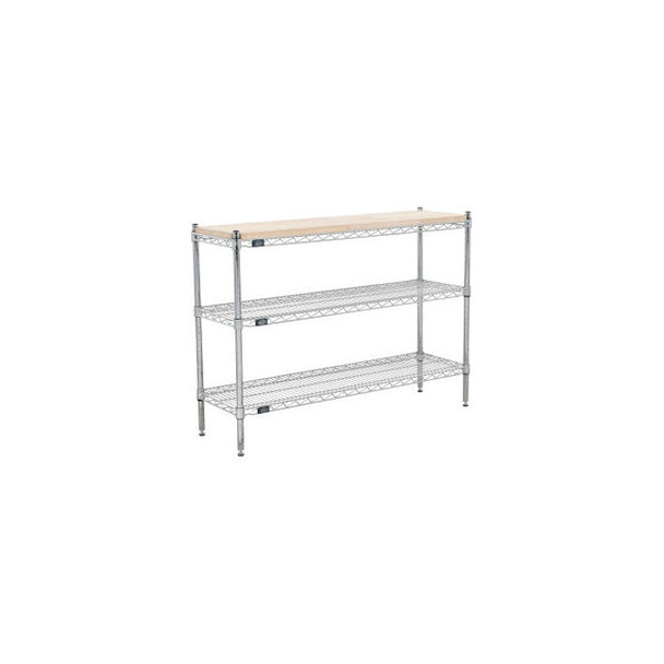 Nexel 3 Shelf Chrome Wire Shelving Unit Hardwood Top Starter 48""W x 18""D x 34"